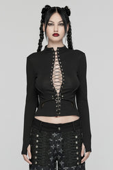 Black Long Sleeves Stitching Lace-Up Mesh Women's Punk Blouse